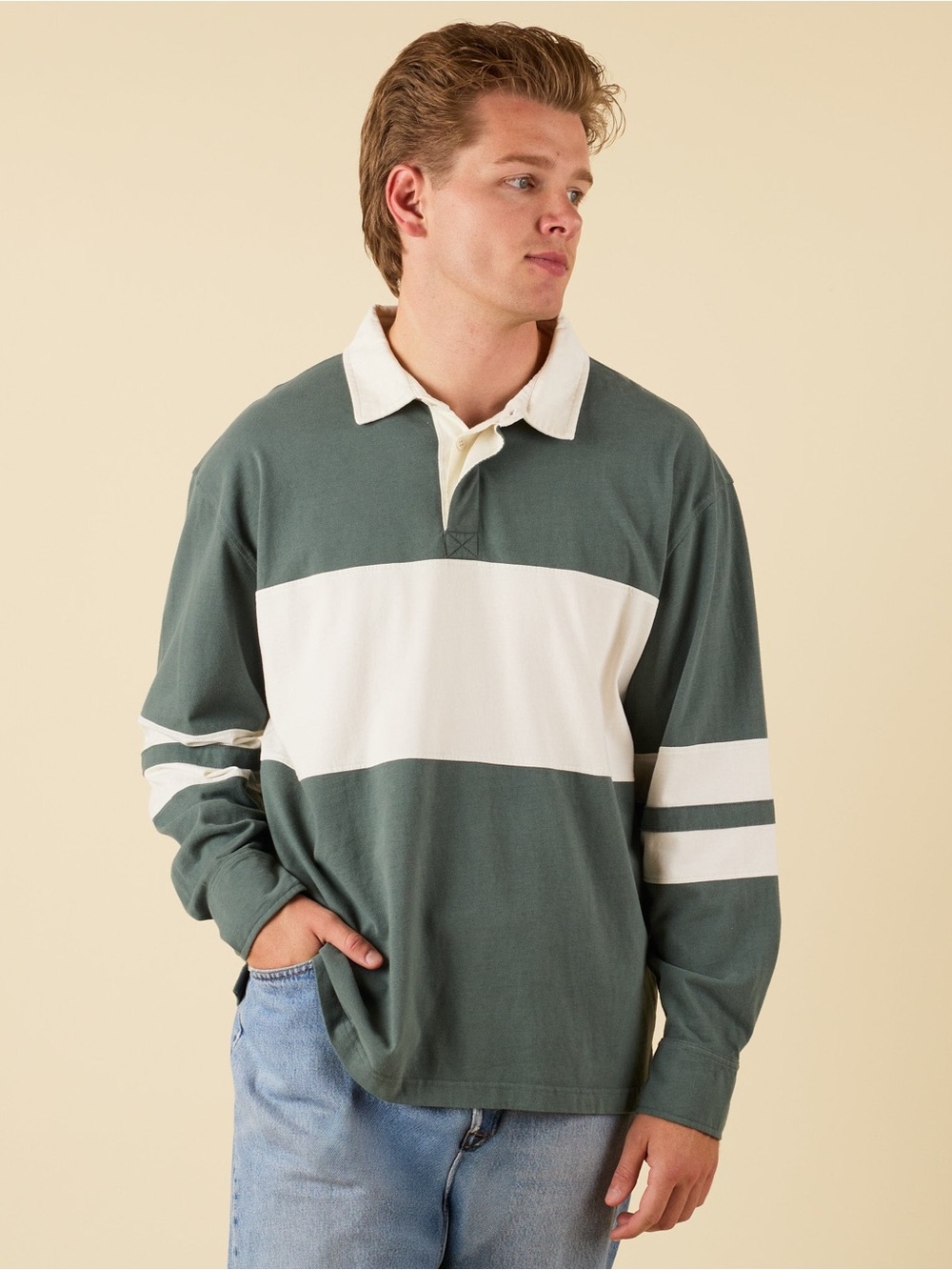 Coast Upton Rugby Shirt in Silverpine Green and Bone White